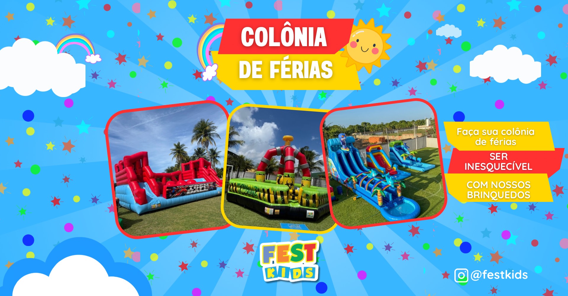 Post instagram colônia de férias colorido azul e rosa